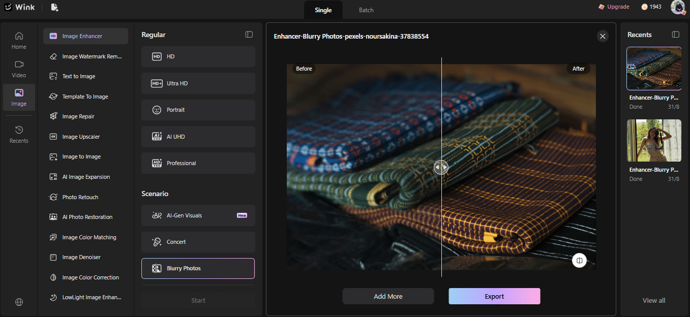 Stacks of colorful fabrics with geometric patterns indoors, in side-by-side clarity comparison