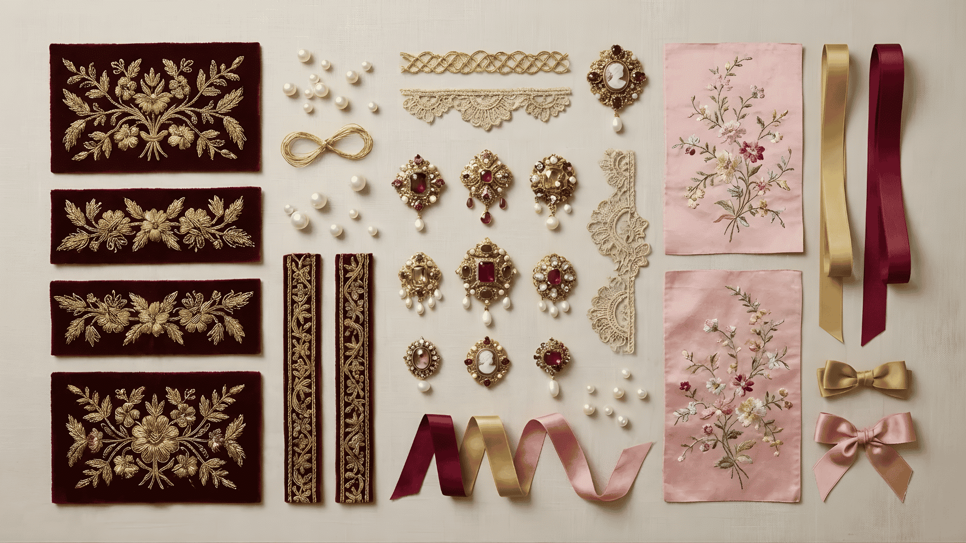 Fabric swatches, pearls, brooches, lace appliqués, and ribbons on a flat surface
