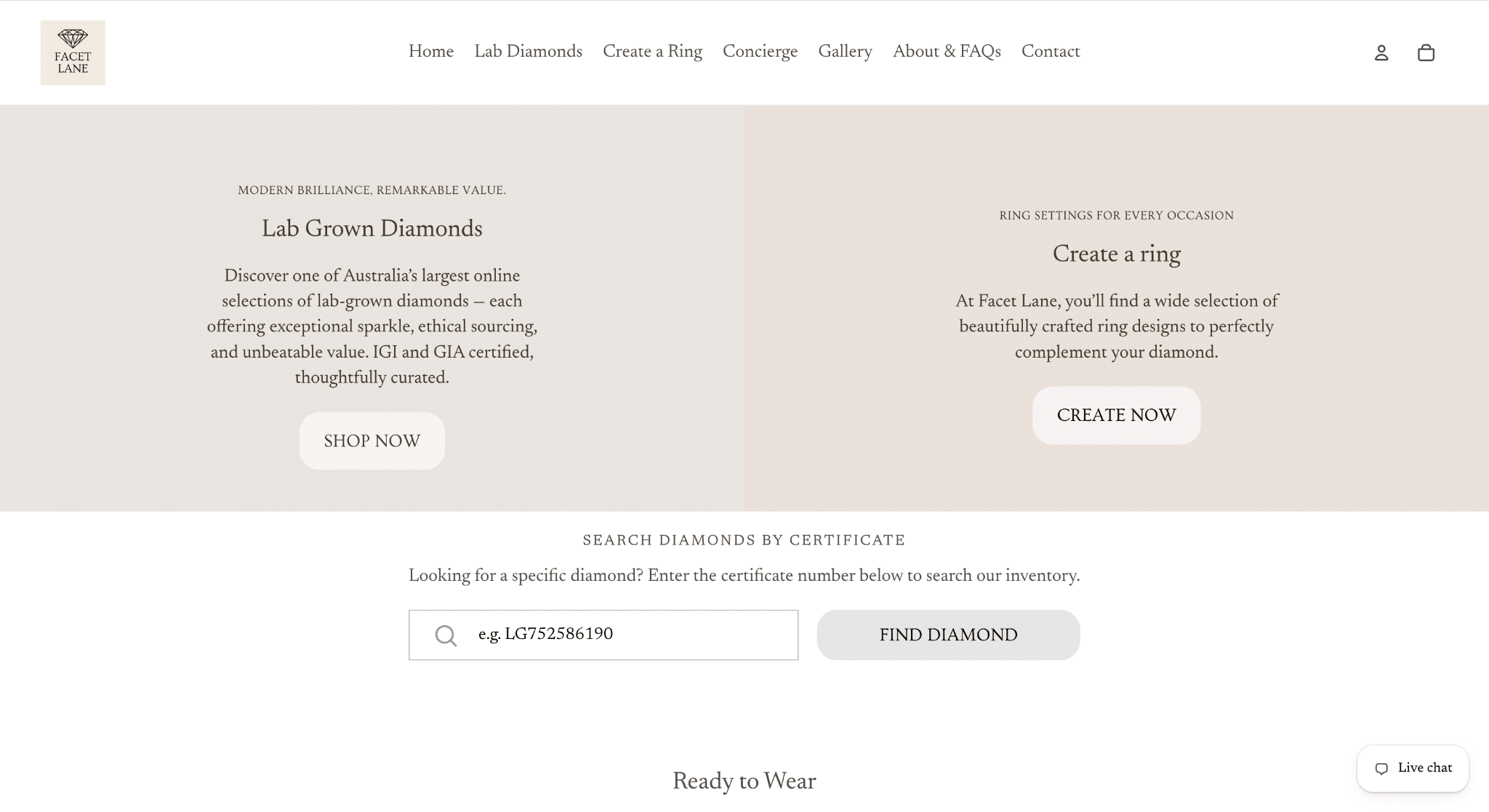 Website homepage featuring lab-grown diamonds and ring creation options in a minimalist design.