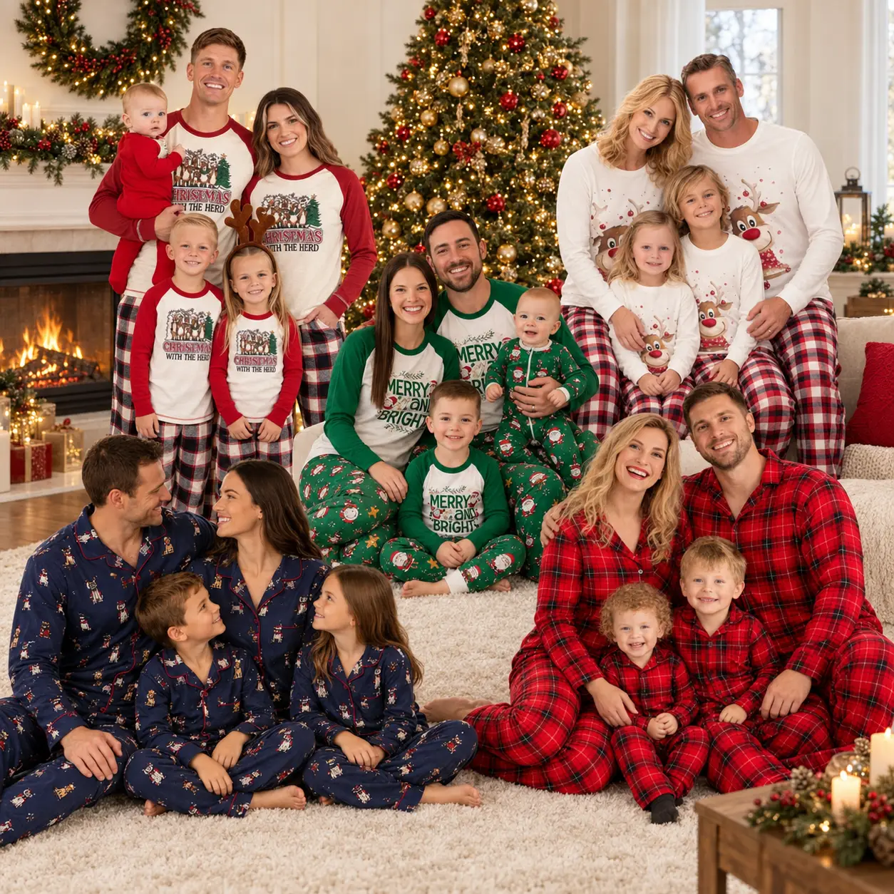 Families in matching festive pajamas gathered in living room with Christmas tree and fireplace