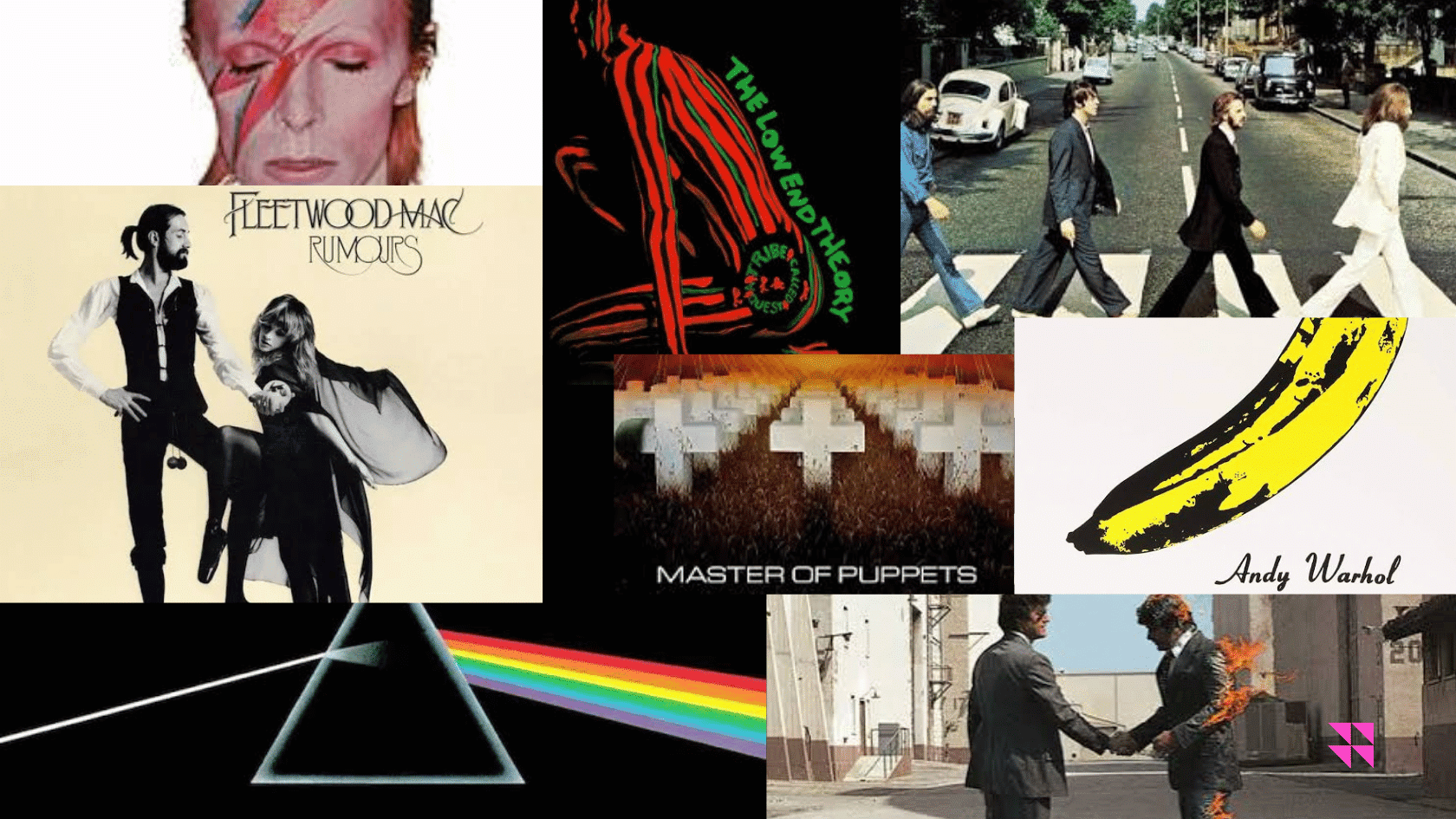 Collage of famous album covers featuring Bowie, Fleetwood Mac, The Beatles, Pink Floyd, and Andy Warhol