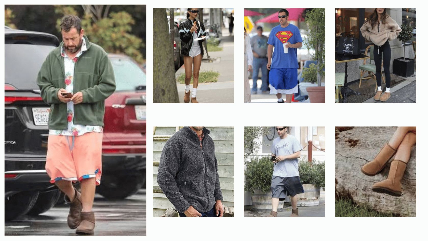 Adam Sandler-inspired fleece jacket with Ugg boots, shorts, and relaxed casual styling.
