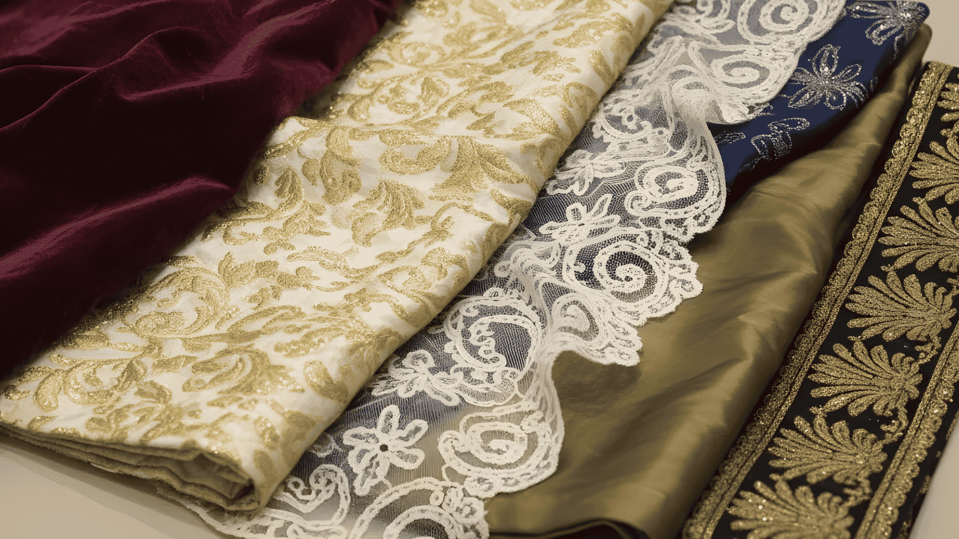 Folded silk, velvet, brocade, and lace fabric samples with gold embroidered baroque patterns