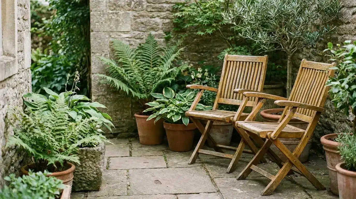 Wooden chairs and potted plants in a rustic stone patio setting