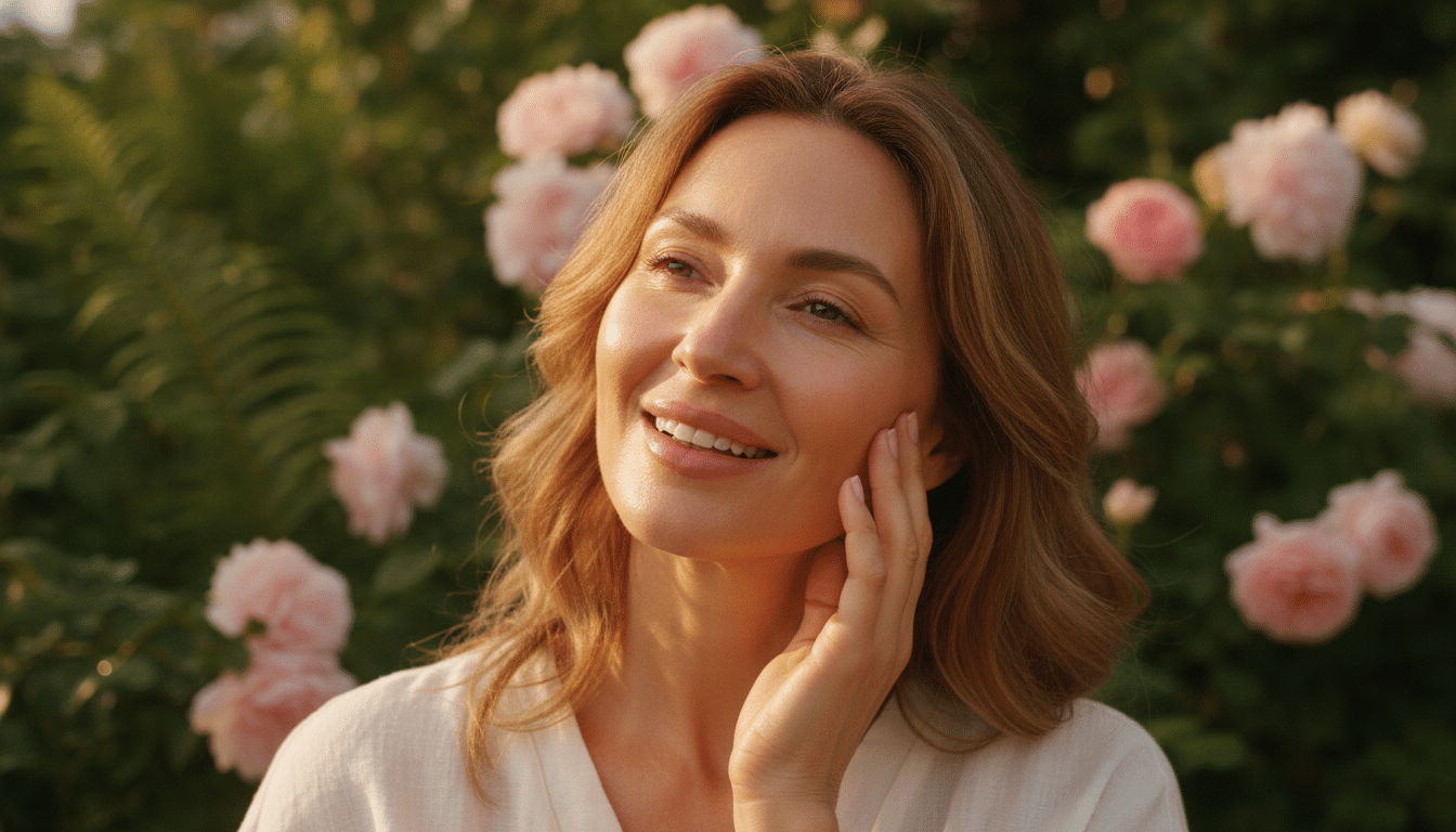 Woman with light brown hair smiling in garden with blooming pink roses