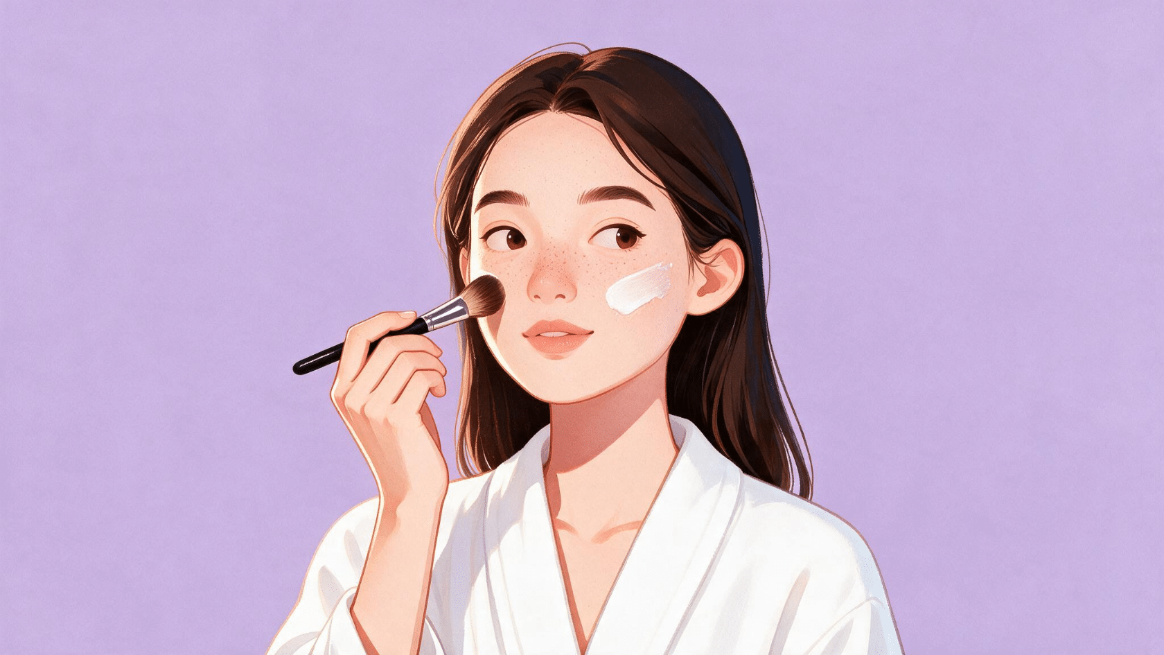 Illustration of a woman applying skincare cream with a brush for a gentle facial beauty routine at home