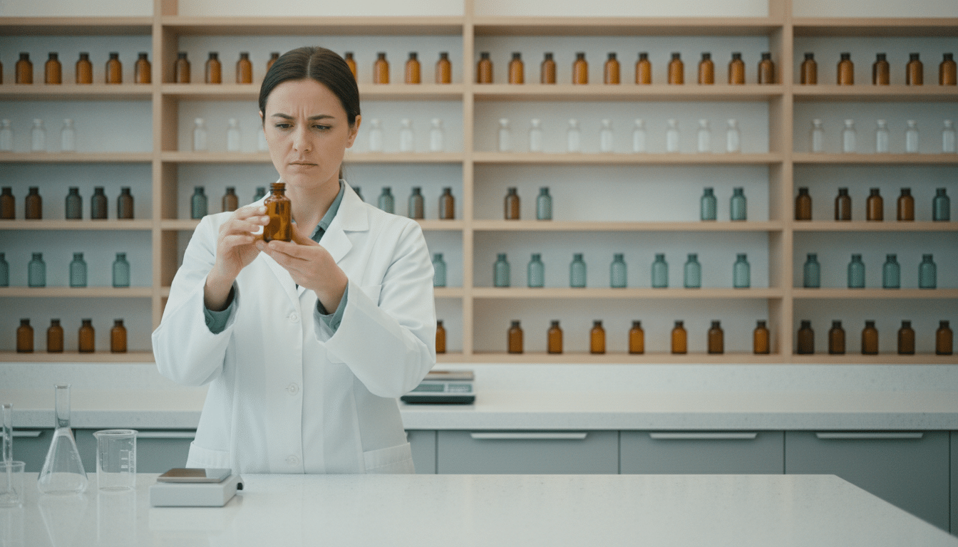 Scientist examining amber liquid in laboratory with shelves of glass bottles in background