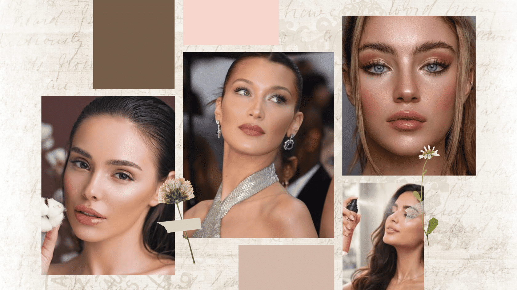 Fresh dewy makeup moodboard inspired by Bella Hadid’s radiant beauty style