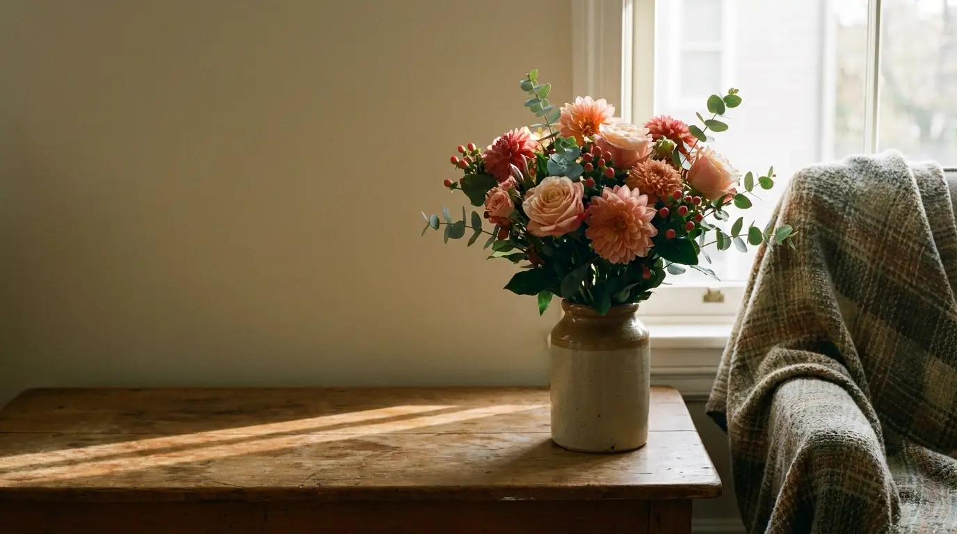 Vase of pink and orange flowers on wooden table beside plaid blanket-covered chair