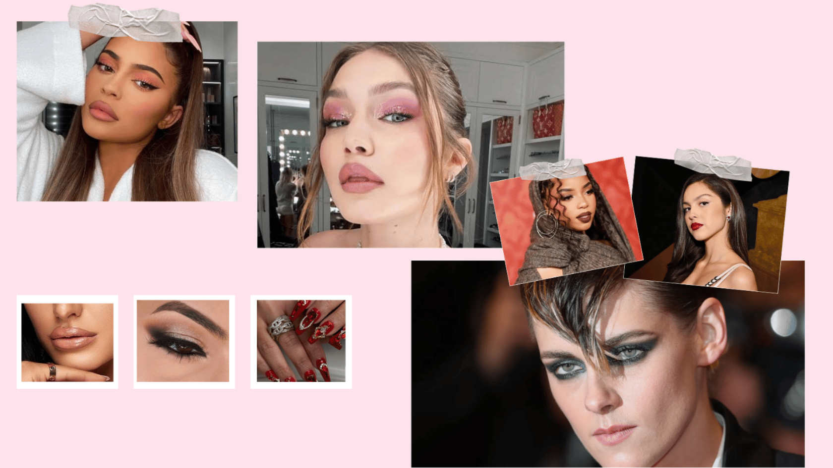 Full glam makeup looks featuring Gigi Hadid, Kristen Stewart, Kylie Jenner and Olivia Rodrigo.
