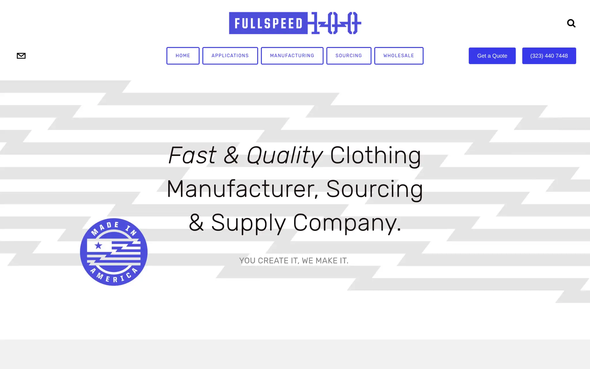 Text-based company website header with navigation buttons and blue logo on white background