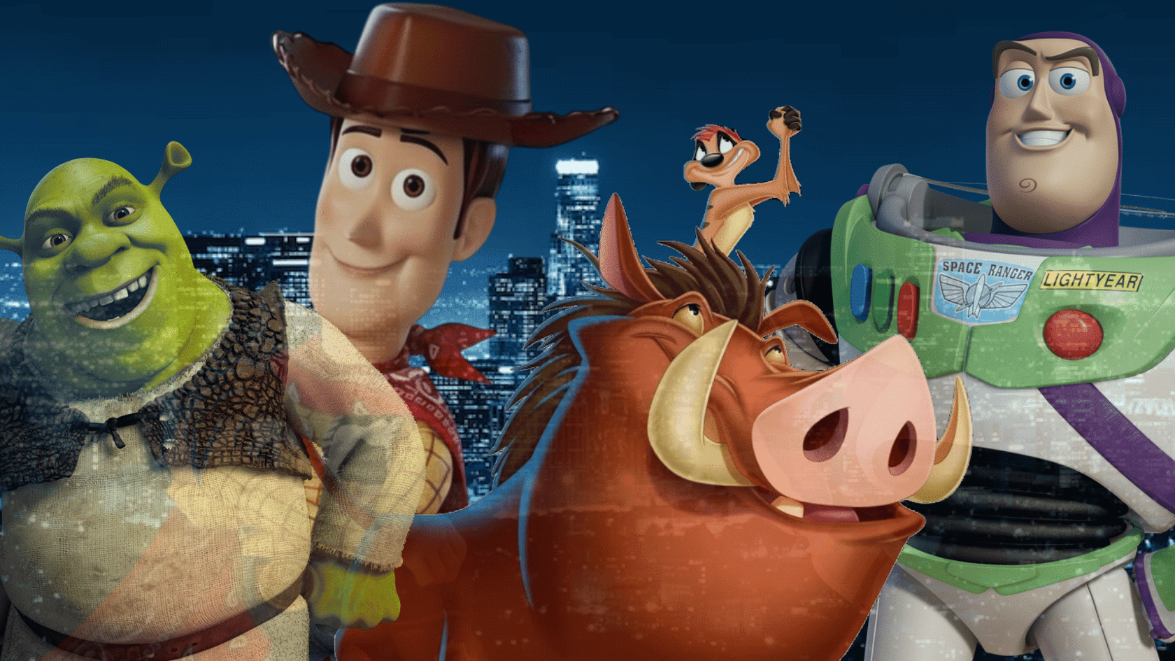 Animated characters including Shrek, Woody, Buzz Lightyear, and Pumbaa in a colorful cinematic cityscape collage.