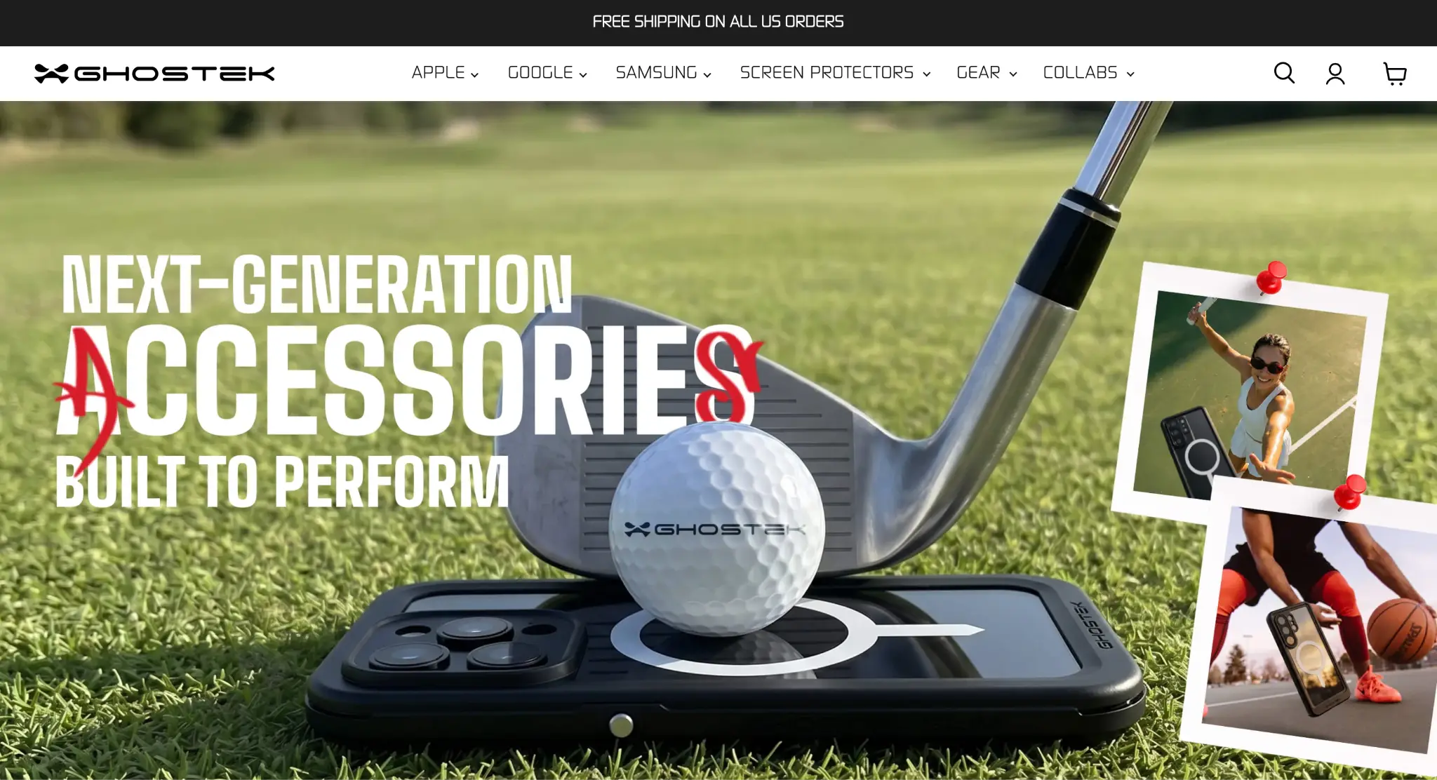 Golf club, ball, and smartphone on grass with action sports photos pinned beside