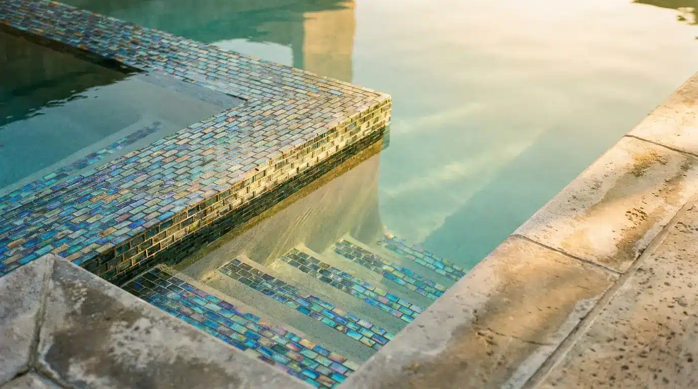 Luxurious outdoor swimming pool with iridescent mosaic tiles and stone edging in sunlight