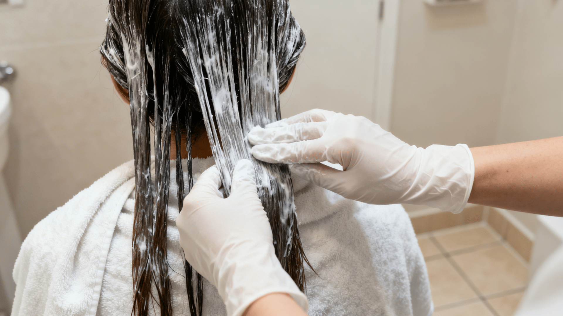 Person having a bleach applied to their hair by a professional wearing protective gloves.