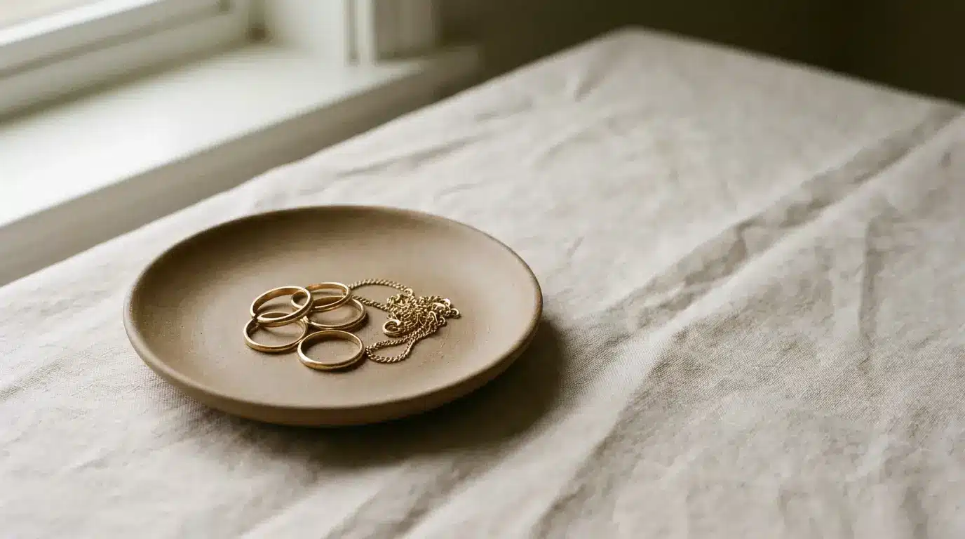 Gold rings and necklace on a ceramic plate on a linen-covered table