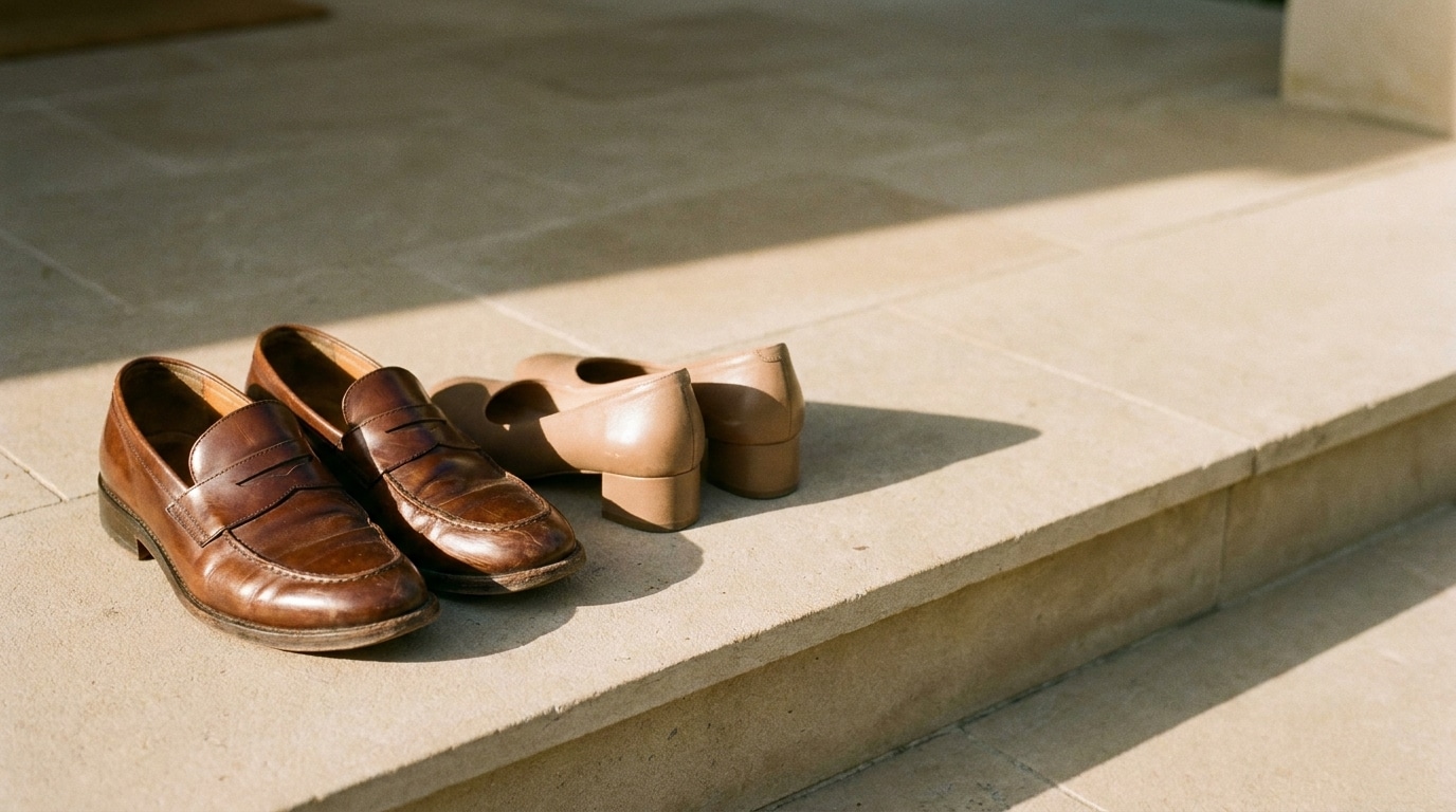 Brown leather loafers and tan block heels on sunlit stone steps