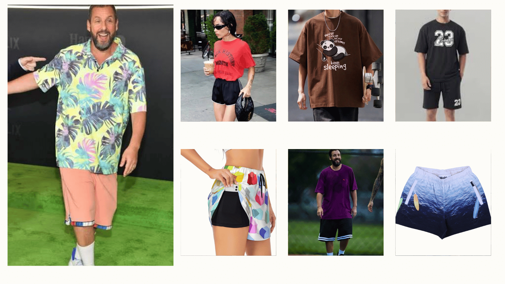 Adam Sandler-inspired graphic T-shirt with colorful athletic shorts and casual sneakers.