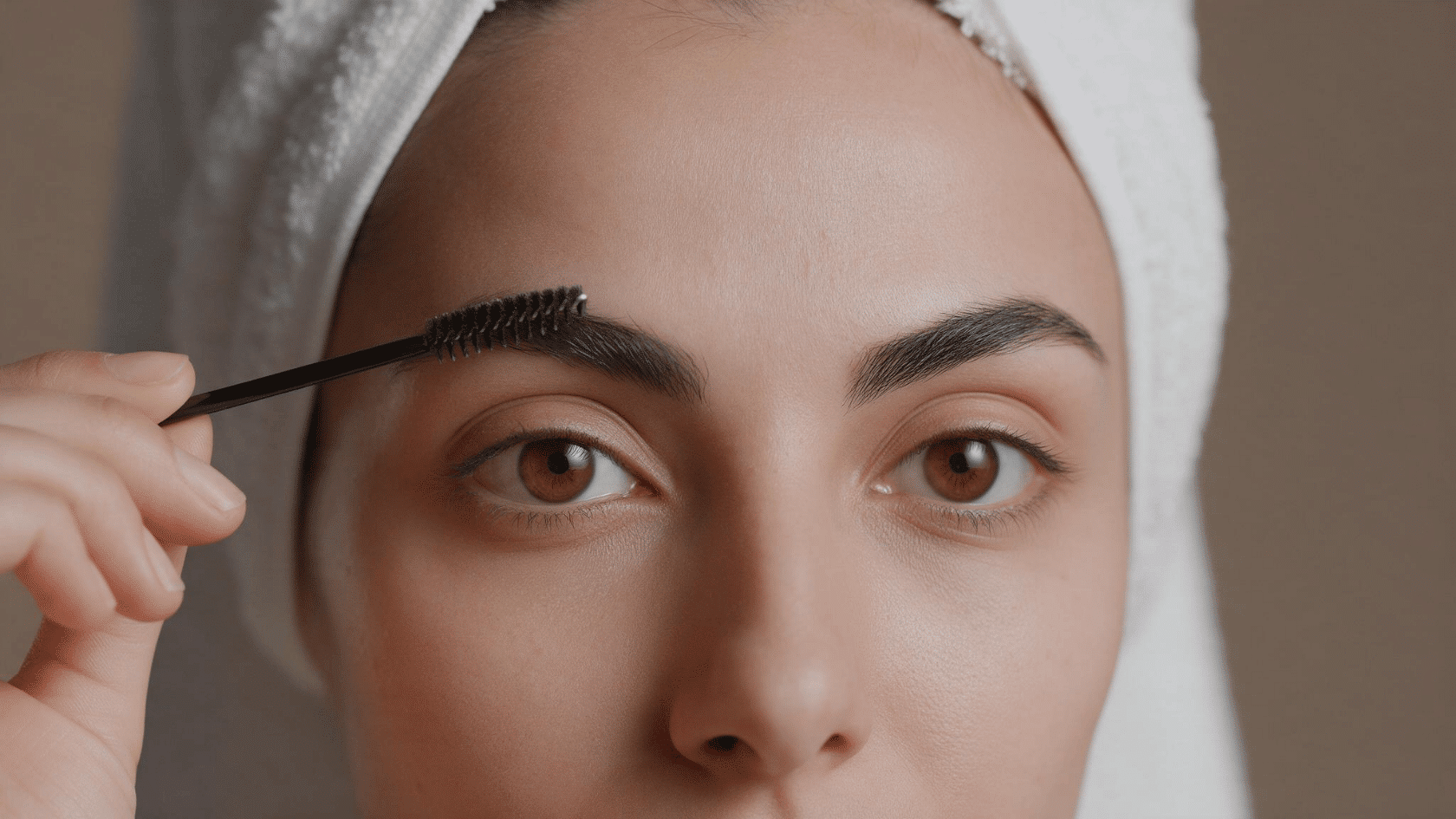 Woman brushing and shaping her eyebrows with a spoolie during a makeup routine.