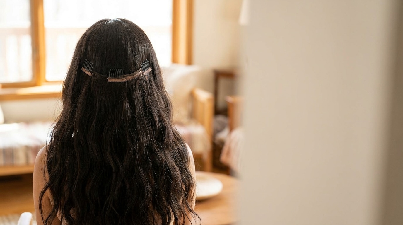 Long dark hair with decorative clips in warmly lit room