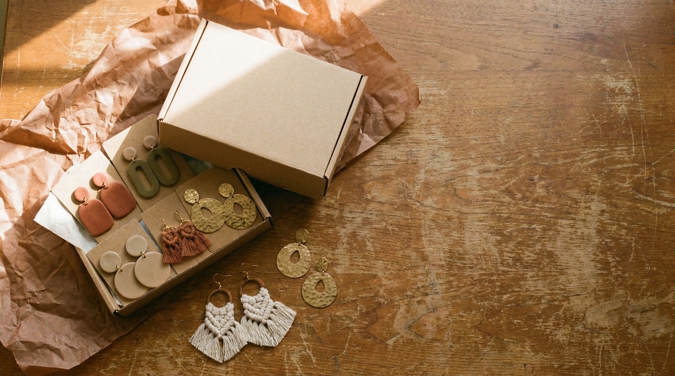 Earrings displayed in open cardboard box on rustic wooden surface with natural light