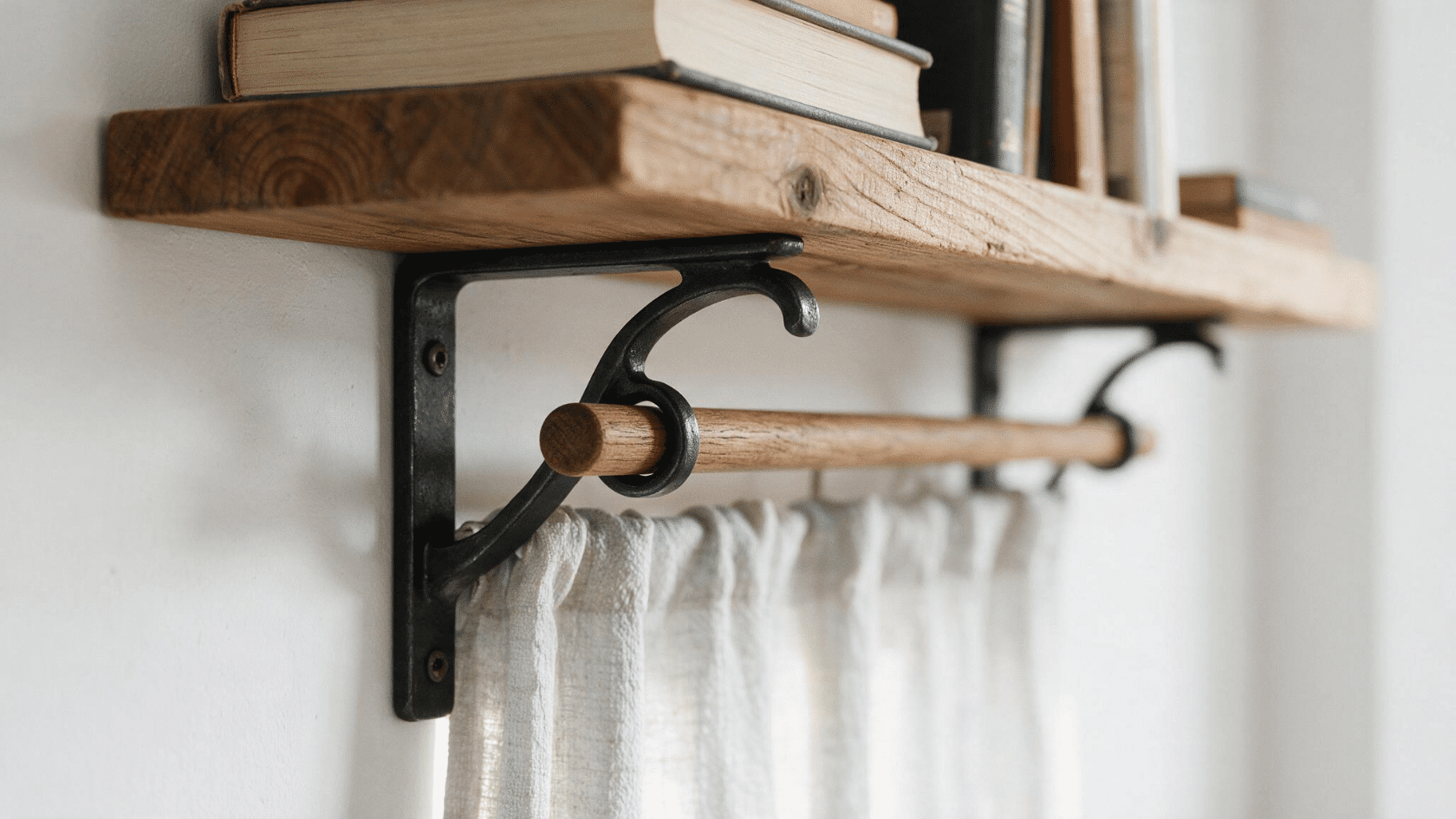 Curtain rod attached beneath a shelf, using an existing structure to hang curtains.