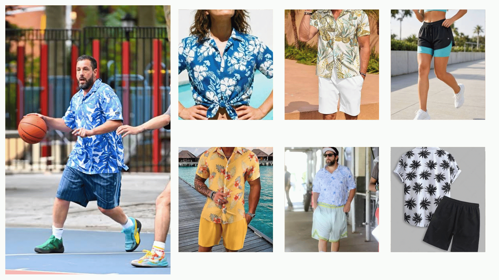 Adam Sandler-inspired Hawaiian shirt with athletic shorts outfit collage.