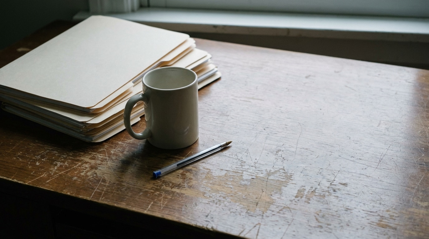 Stack of folders, white mug, and pen on rustic wooden desk near window