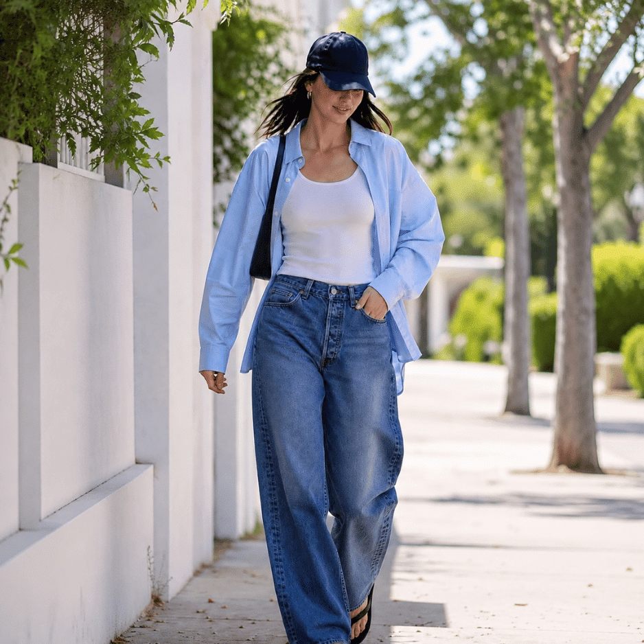 Kendall Jenner wearing high-waisted, wide-leg jeans and a layered blue shirt, showcasing casual retro fashion trends.