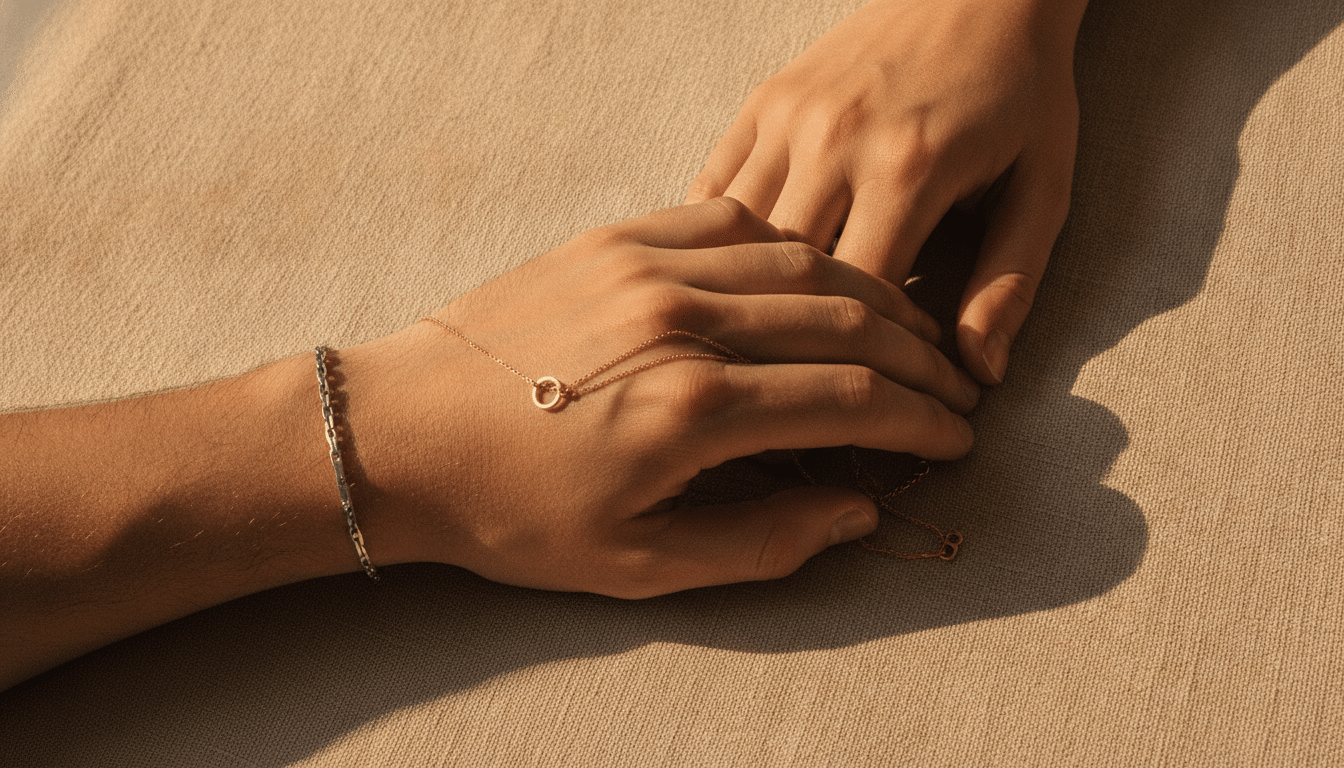 Hands resting on beige fabric with gold and silver bracelets in warm light