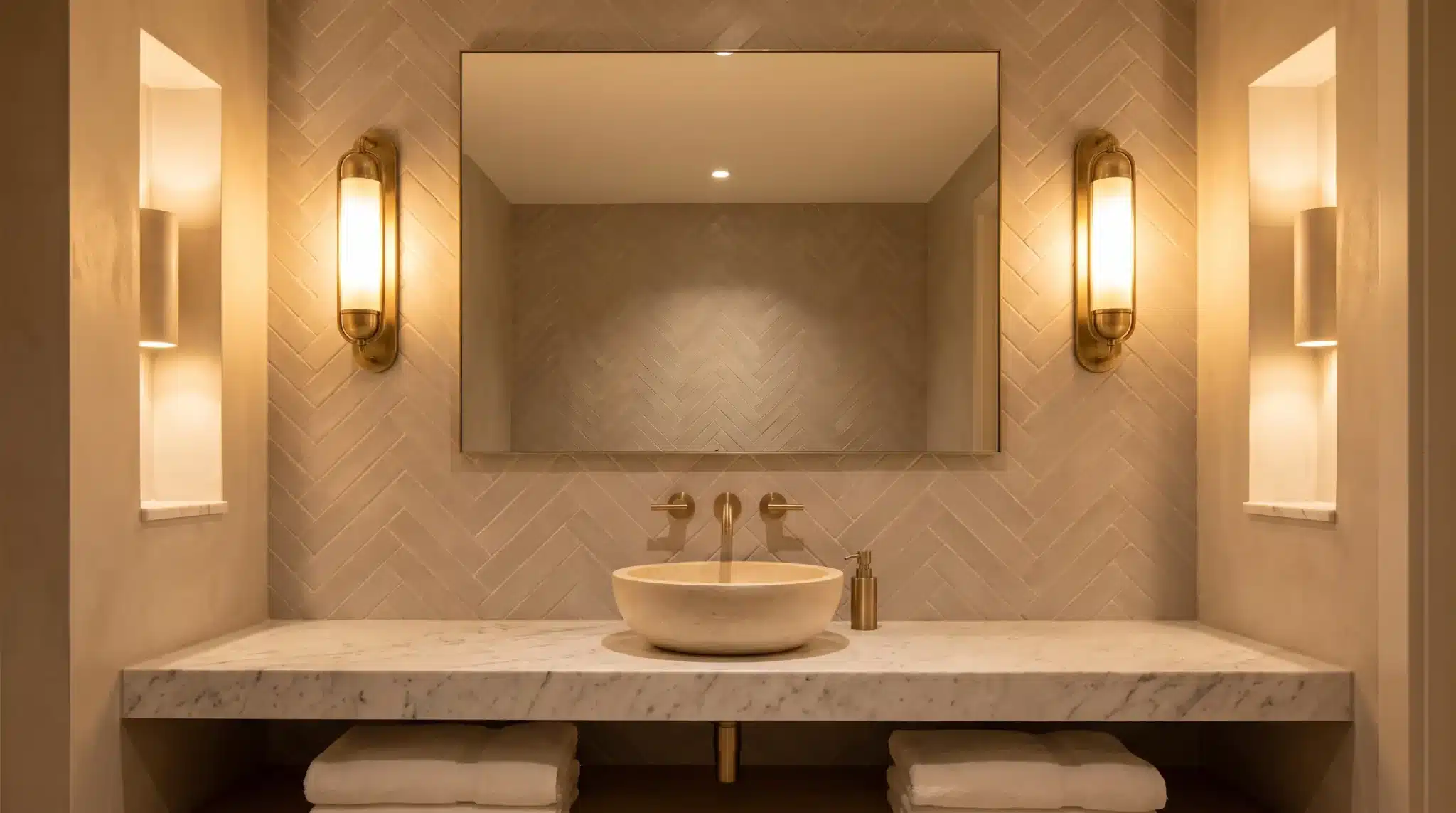 Marble bathroom vanity with round basin and brass fixtures under warm lighting