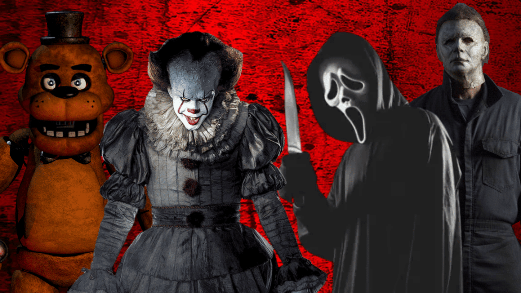 Horror characters including Freddy, Pennywise, Ghostface, and Michael Myers against a red textured background.