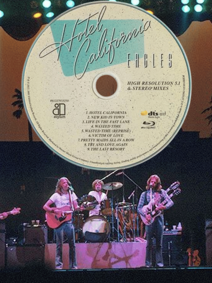 Eagles Hotel California CD with album artwork and band performing on stage.