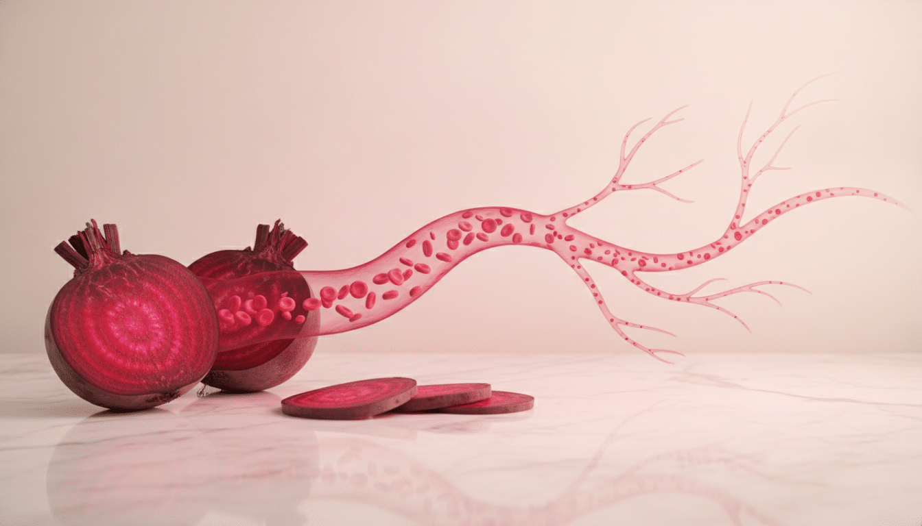 Sliced red beet with artistic diagram of blood vessel and cells on marble surface