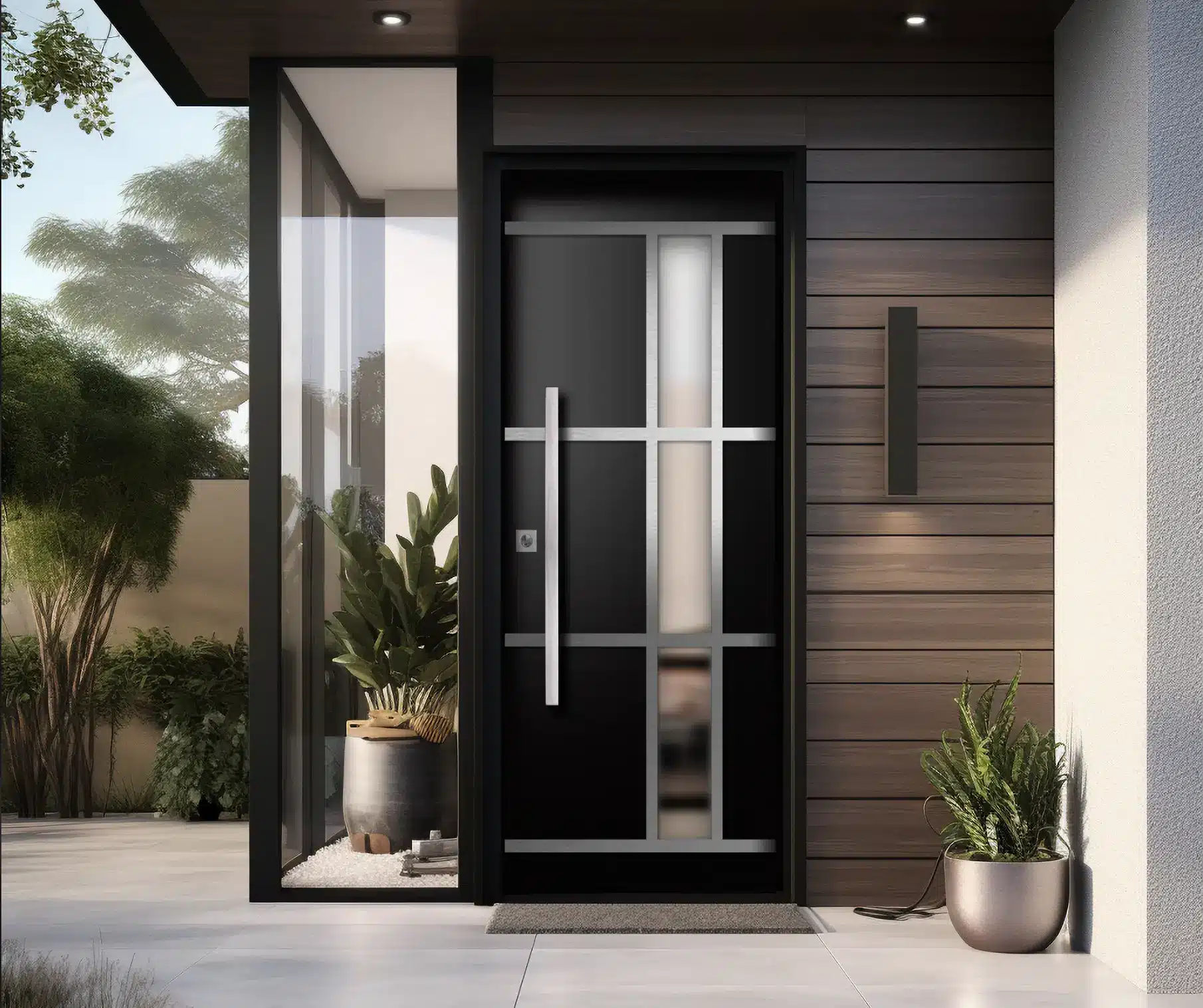 Modern black front door with sleek metal handle in a contemporary home entrance setting