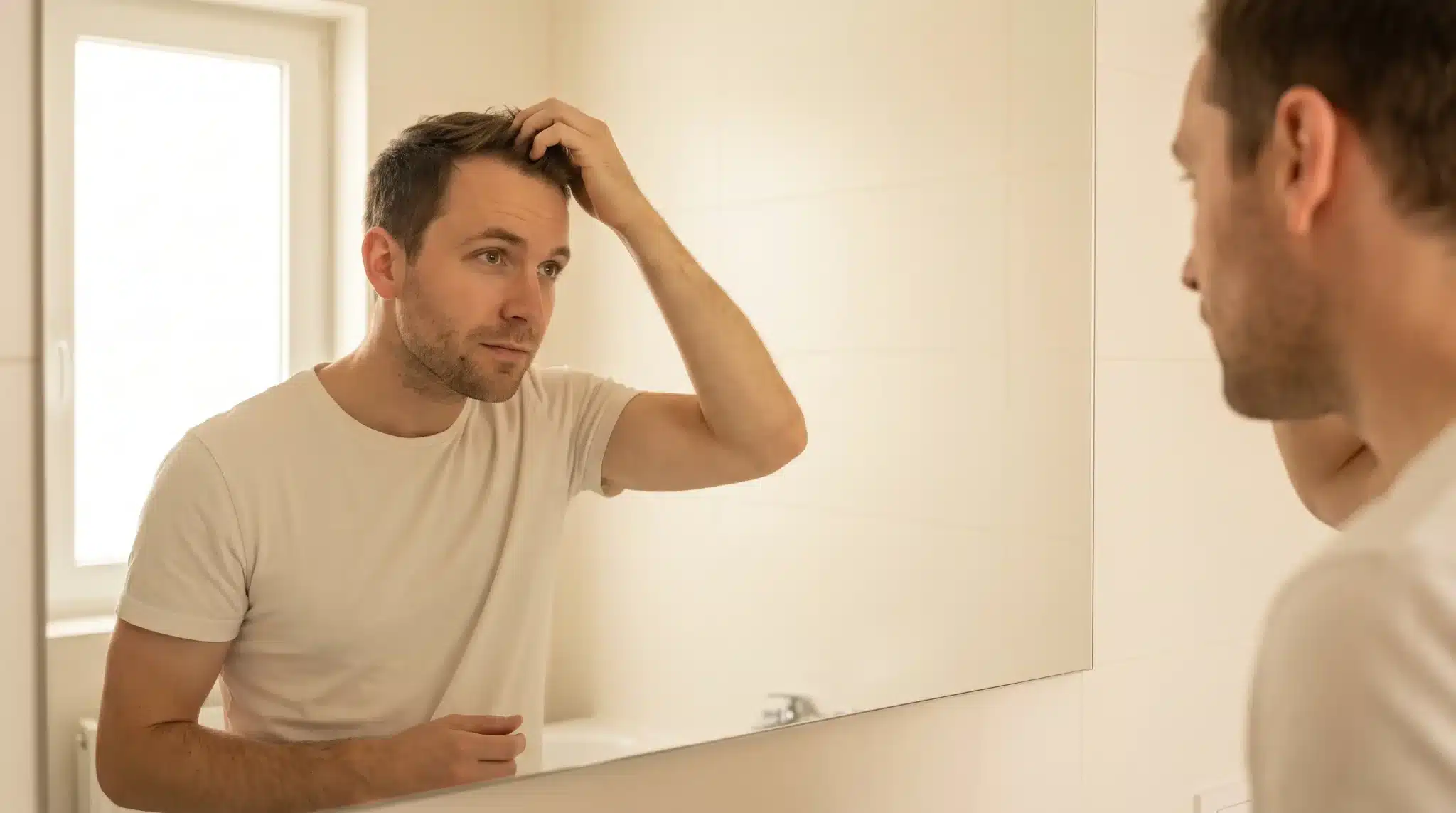 Man checking hair in bathroom mirror with neutral expression and soft lighting