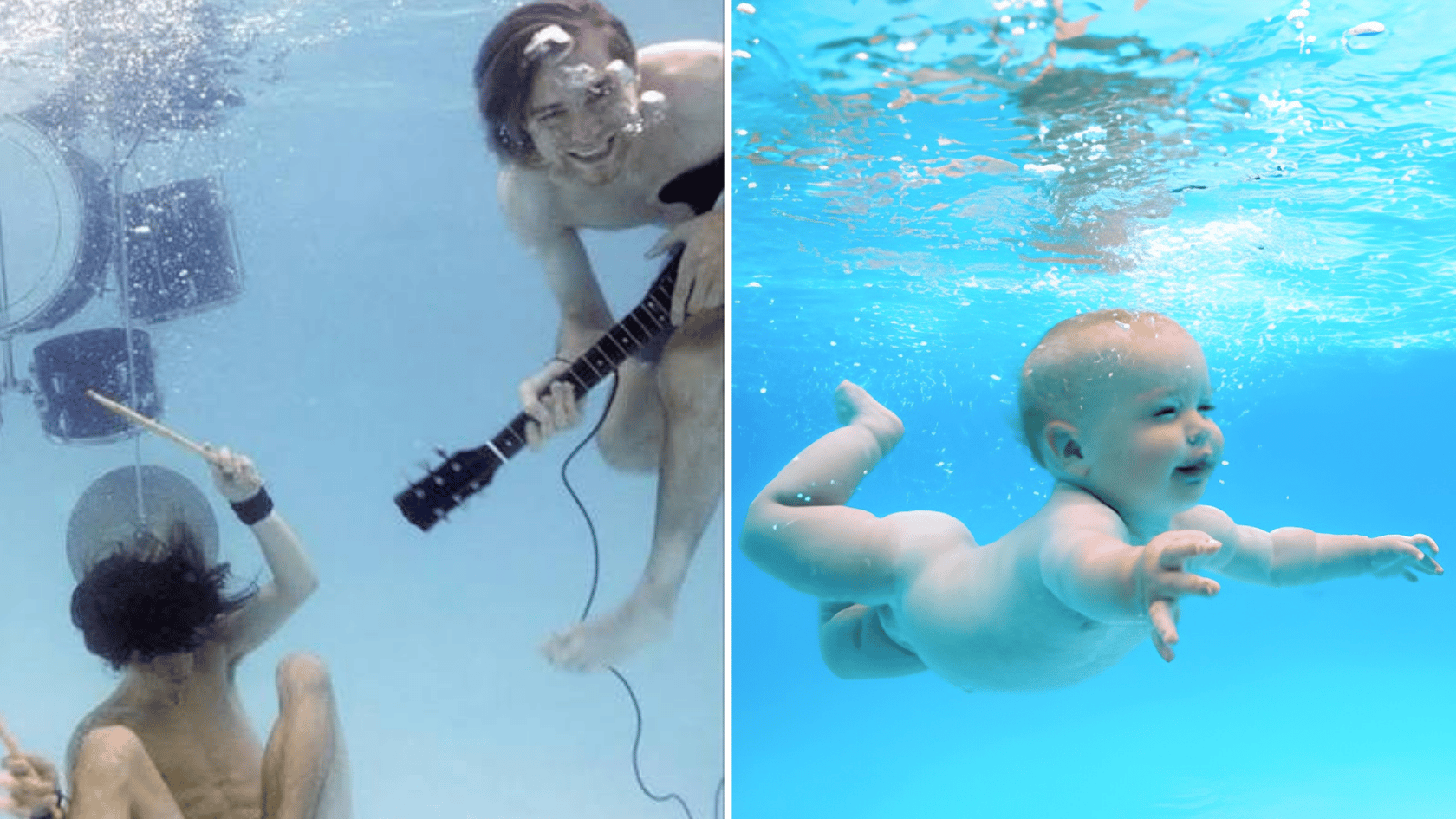 Underwater scenes showing Nirvana Nevermind album cover inspiration with baby and band.