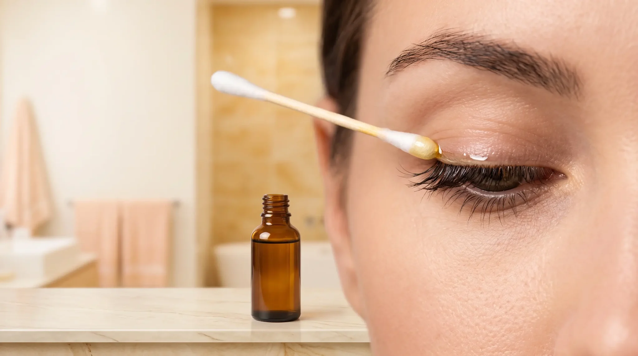Close-up of an eye with cotton swab applying oil from amber bottle in a bathroom setting