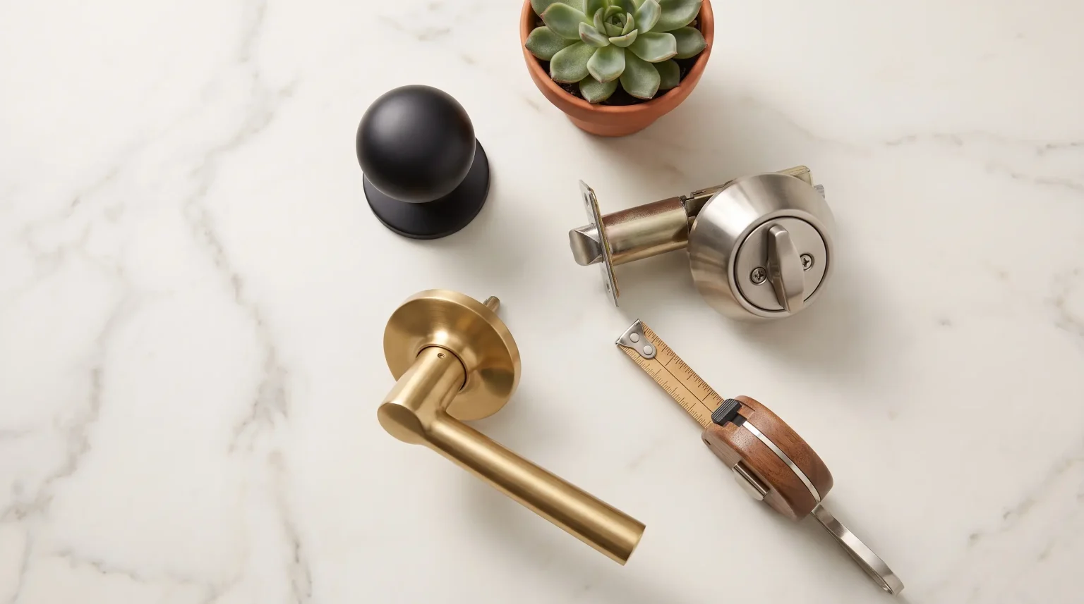 Gold and silver door handles with measuring tape and succulent on marble surface