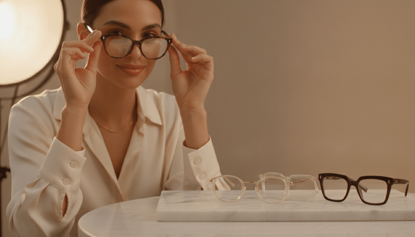 Woman trying on glasses at table with two additional frames in soft lighting