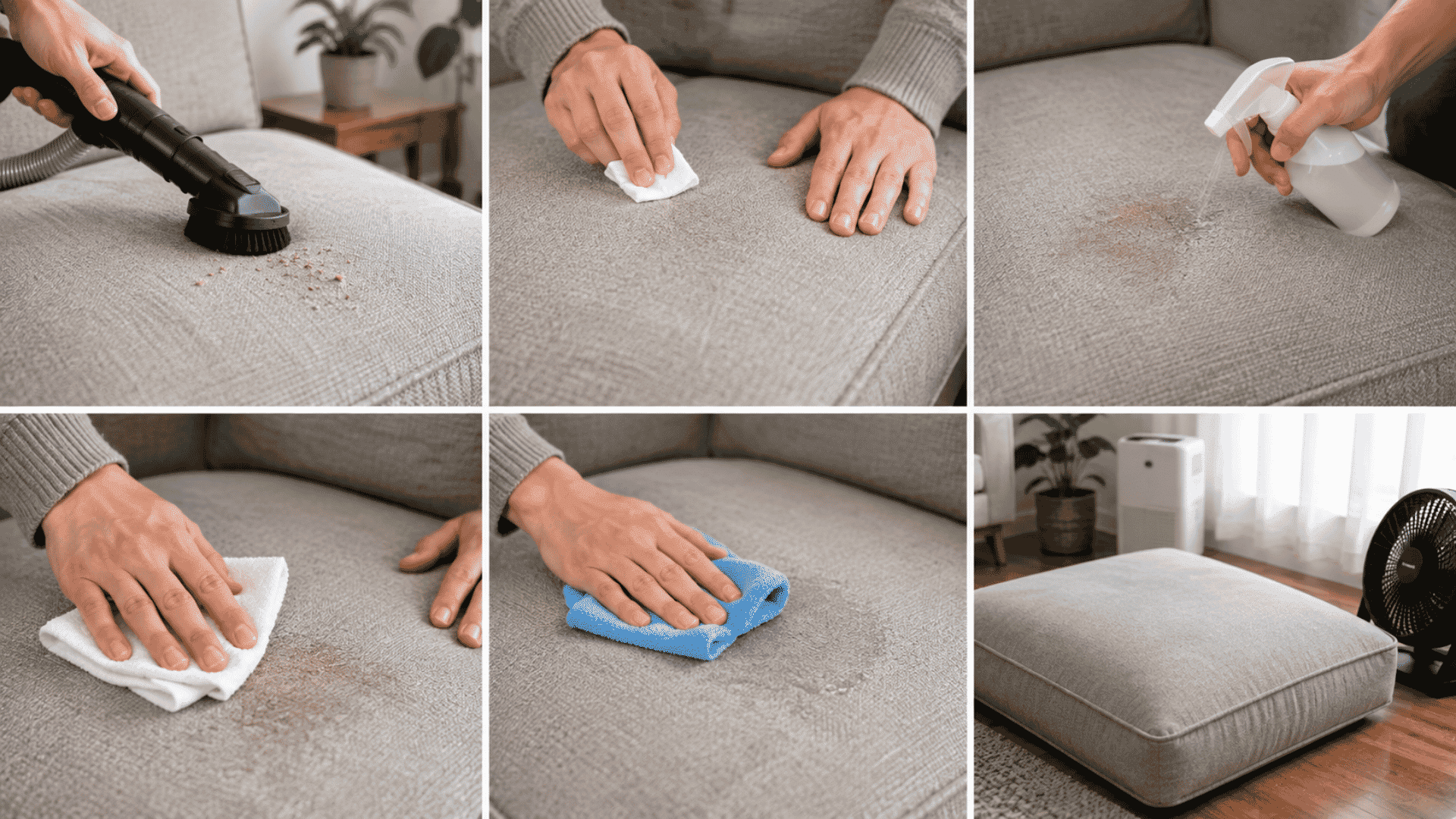 Cleaning a fabric couch step by step at home by vacuuming, spot testing, applying a gentle cleaner, wiping, and air drying.