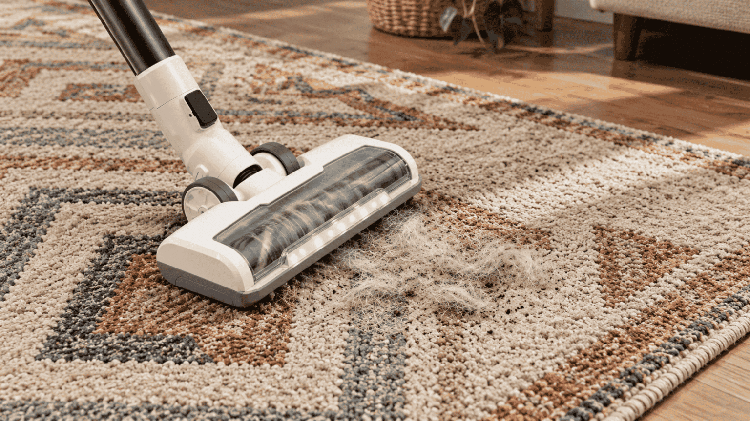 How to clean rugs with a vacuum removing pet hair and debris from a textured patterned rug in a bright home setting now.