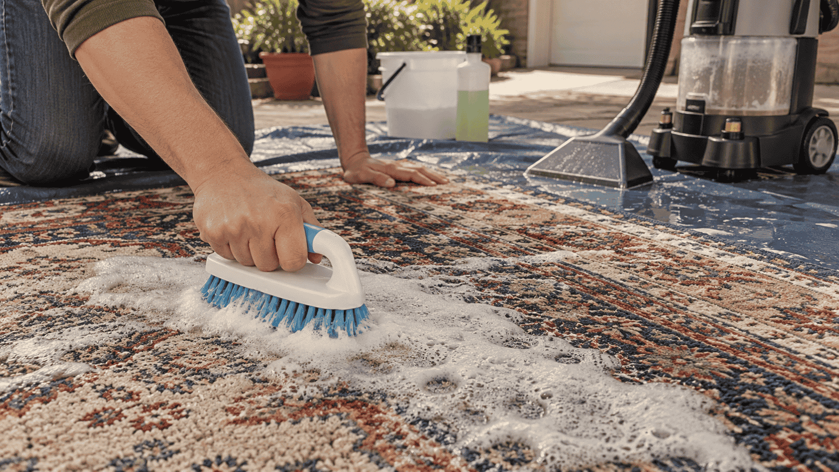 A deep-cleaning setup shows how to clean rugs using soap, scrubbing, rinsing, and extraction for heavily soiled fibers.