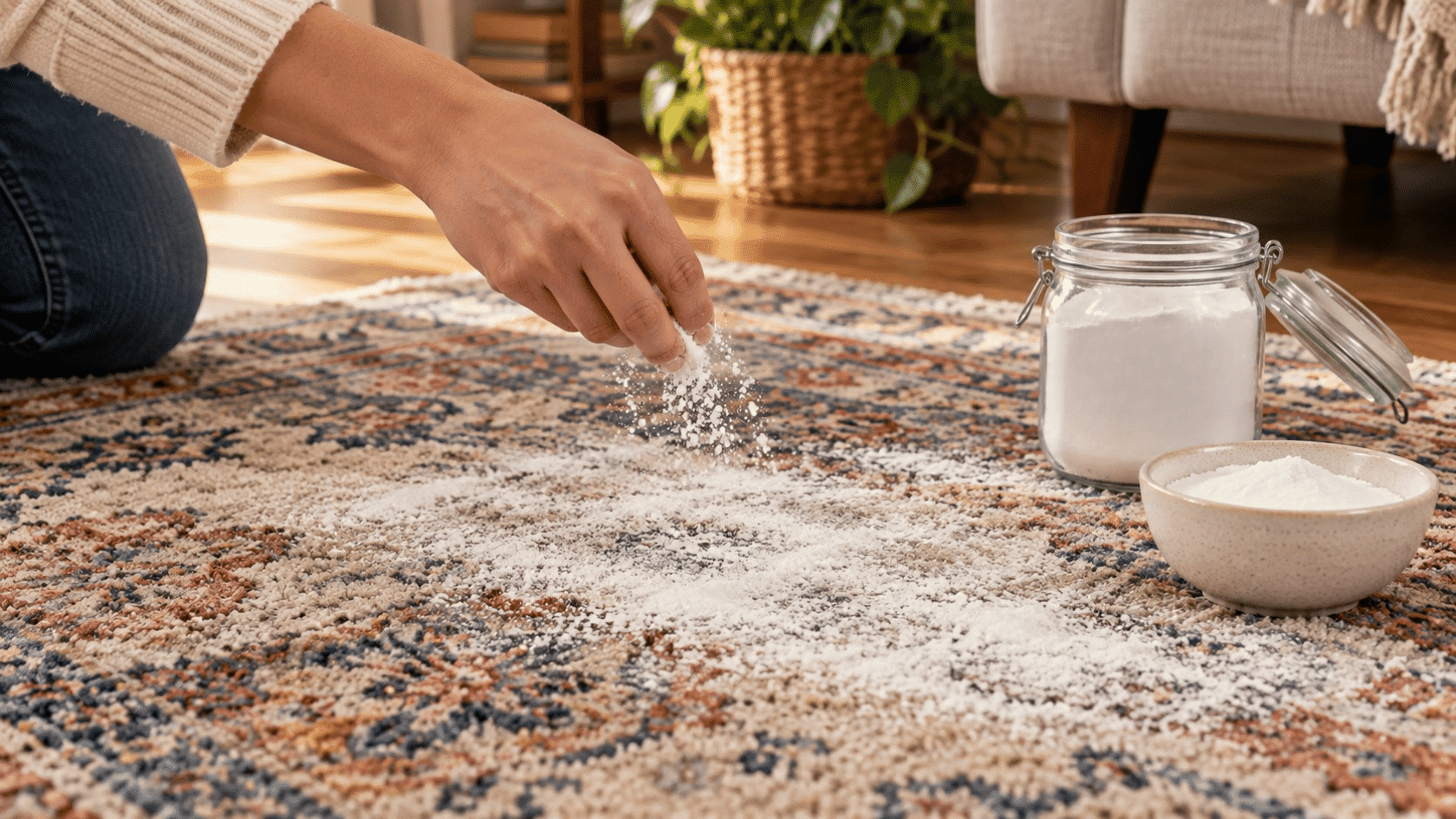 Baking soda is spread across a patterned rug, showing how to clean rugs while removing odors without adding moisture.