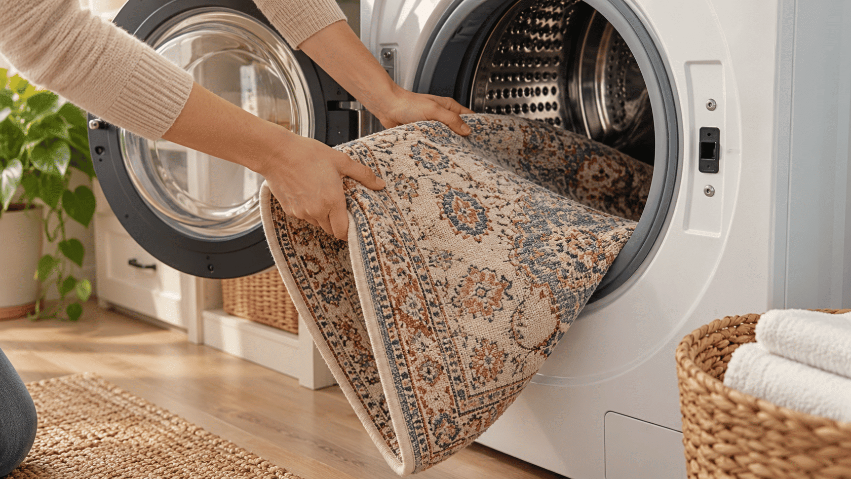 A patterned rug enters a washing machine, showing how to clean rugs with machine washing when the care label permits it.