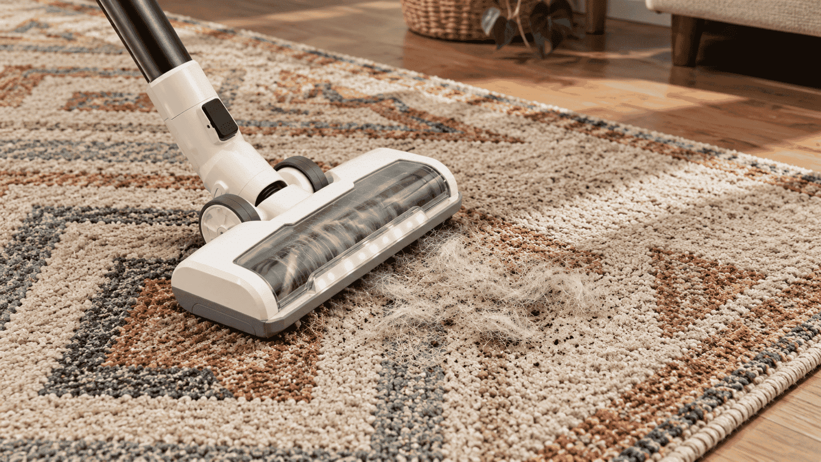 How to clean rugs with a vacuum removing pet hair and debris from a textured patterned rug in a bright home setting now.