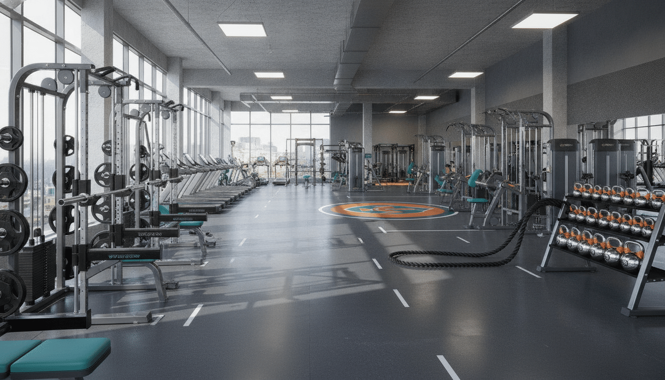 Spacious gym with weight machines and treadmills under bright overhead lighting