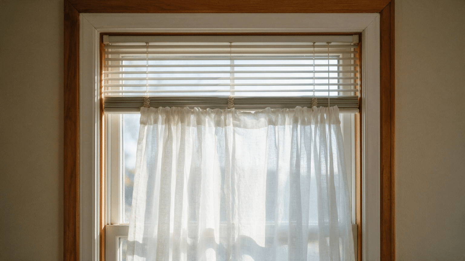 How to hang curtains without a rod using sheer curtains installed beneath window blinds