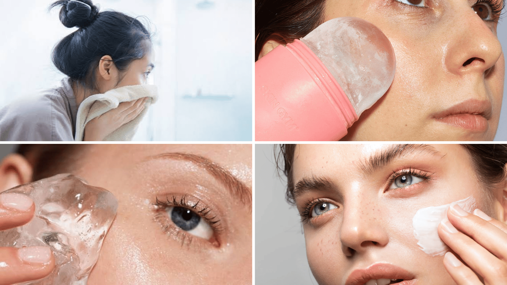 Collage showing face icing methods with cold water, an ice roller, ice cubes, and cold cream.
