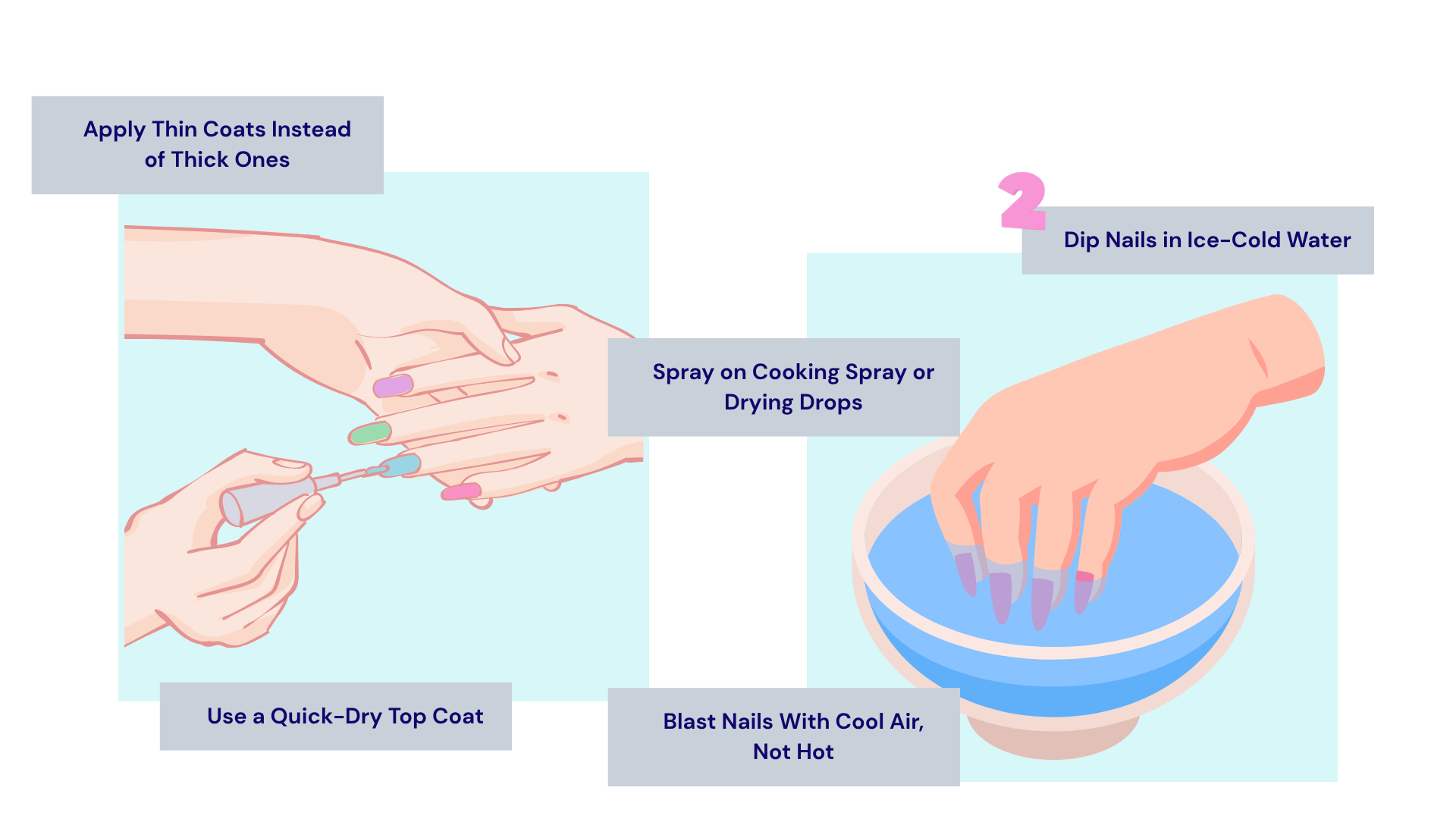 Simple tricks and ways about how to make nails dry faster.